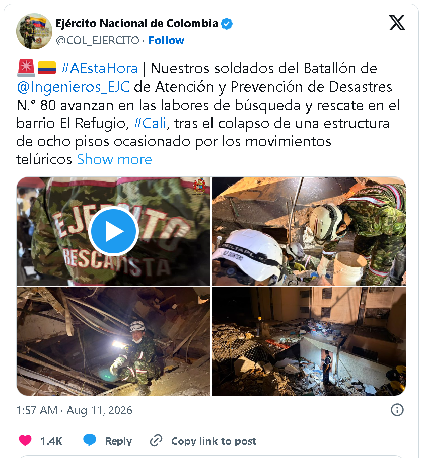 Publicação do Exército Nacional da Colômbia sobre as operações de busca e salvamento no bairro El Refugio, em Cali, após o colapso de uma estrutura de oito andares